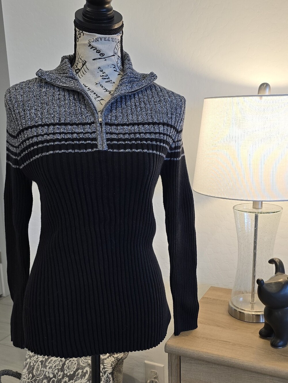 Great Northwest Clothing Company Black and Gray Ribbed Half-Zip Cowl Sweater